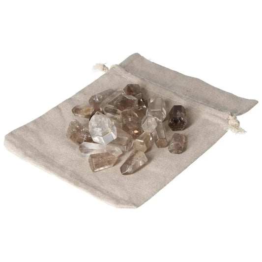 Mini Point Smoky Quartz stones in cloth bag, ideal for grounding, decision-making, and stress relief; 20 pieces, 0.5 KG.