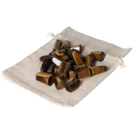 Mini Point Tiger Eye stones on a cloth bag, enhancing mental clarity and focus, ideal for stability, security, and business decisions.