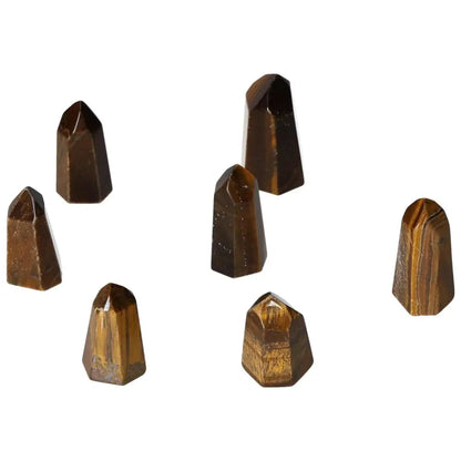 Mini Point Tiger Eye stones enhancing focus, clarity, and wealth management. Provides stability, security, and joy in life.