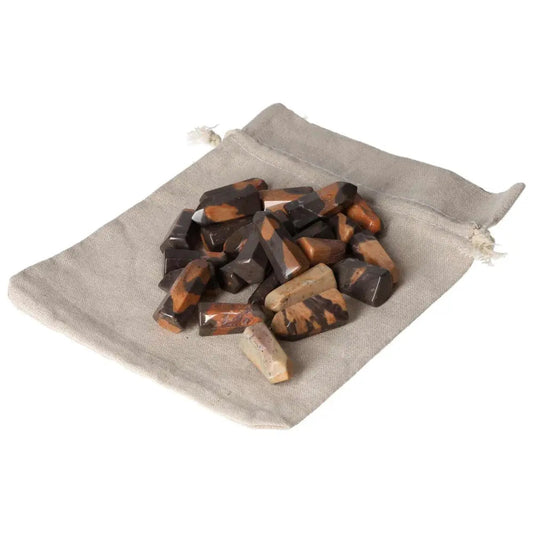 Mini Point Tiger Jasper stones on pouch, 0.5 KG, 30 PCS. Enhances harmony, peace, and well-being. Strengthens willpower and reduces stress.