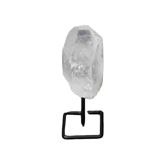 Natural Clear Quartz Point on a sleek black stand, perfect for amplifying energy and focus in meditation and energy work.