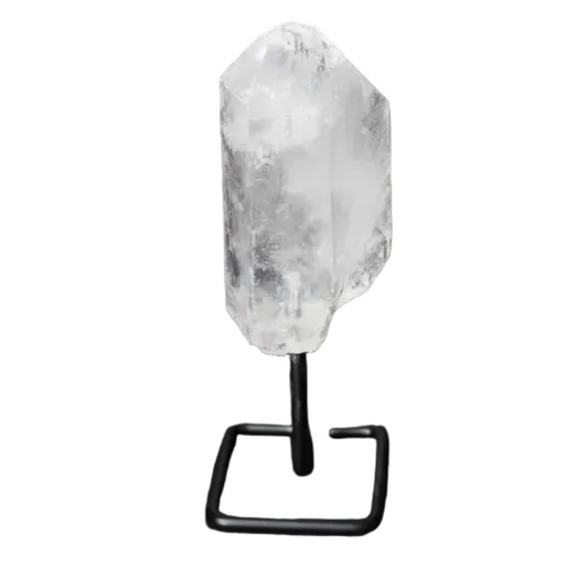 Natural Clear Quartz Point with stand for energy amplification, meditation, and clarity. Elegant and modern home decor centerpiece.