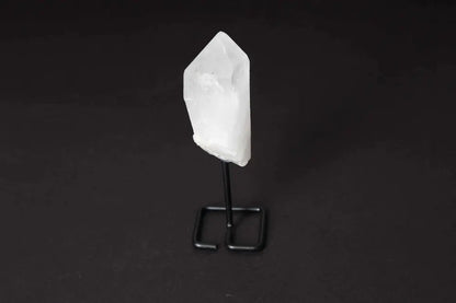 Natural clear quartz point on stand for energy amplification and clarity, ideal for meditation and alignment, "Master Healer" display piece.