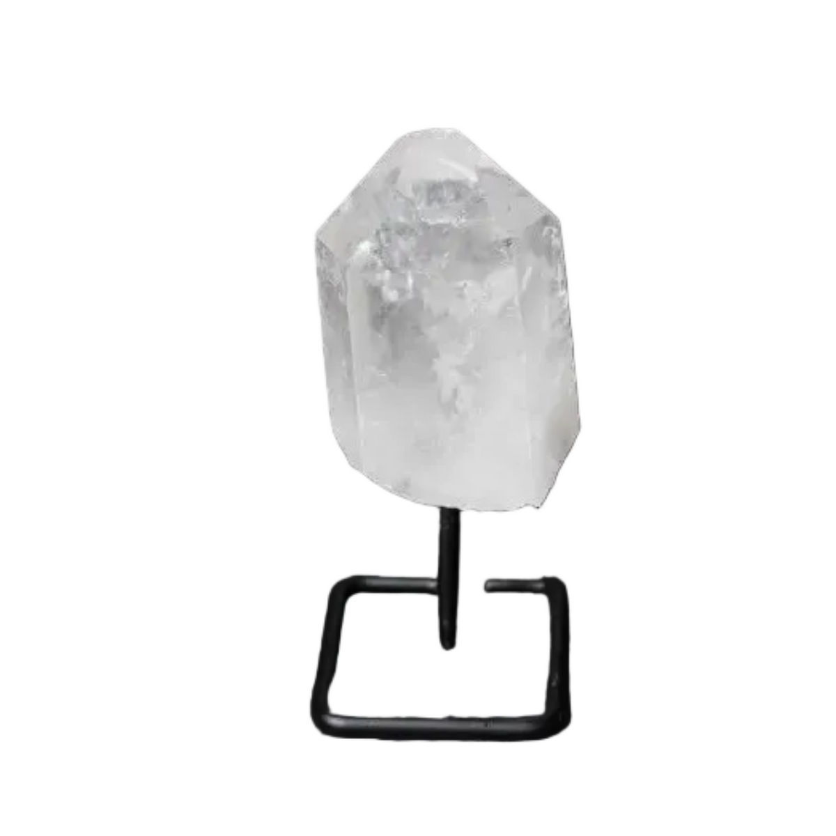 Natural Clear Quartz Point on stand for energy amplification, meditation, and clarity.