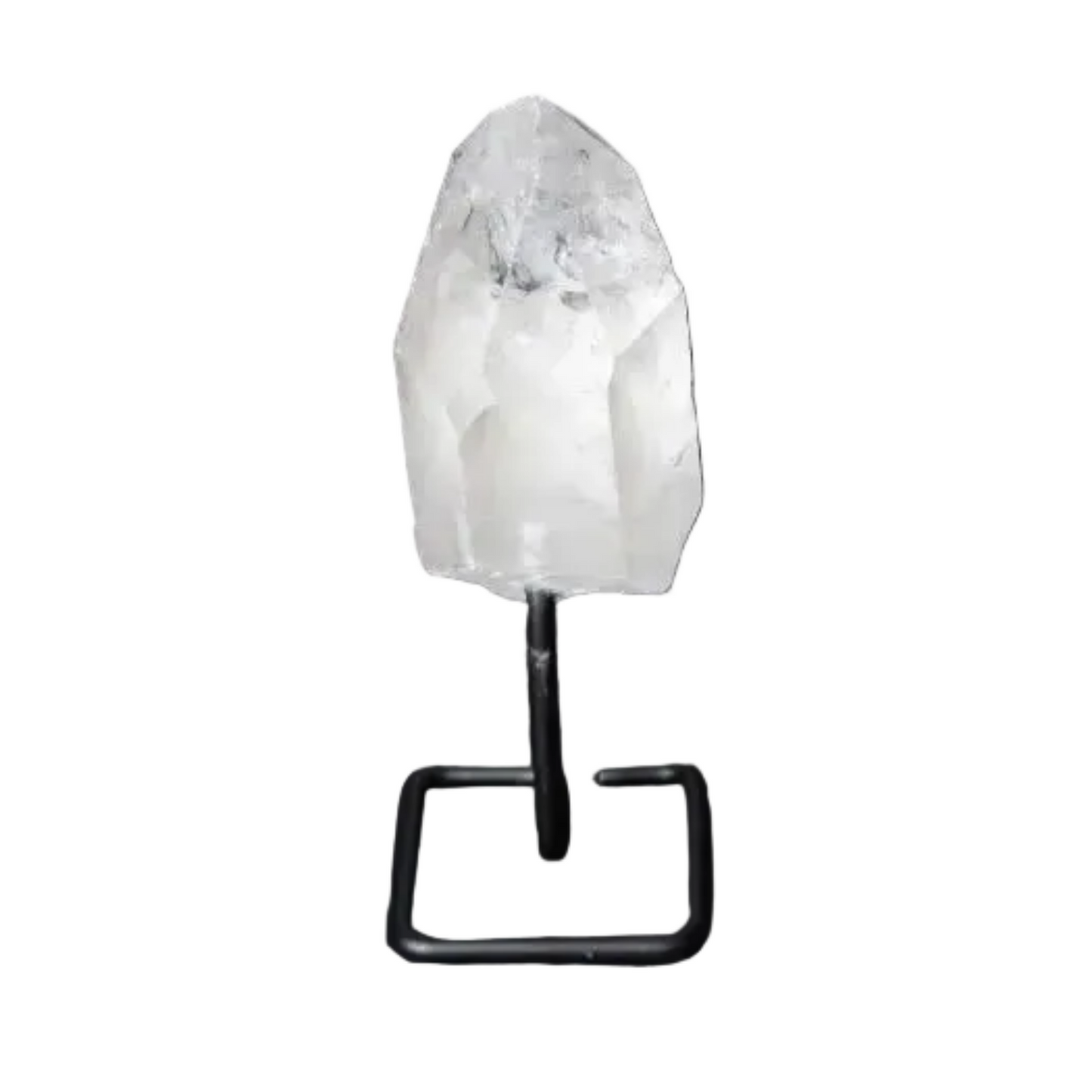 Alt Tag: Clear Quartz Point on modern stand for meditation, energy amplification, and focus; ideal for home decor and healing practices.