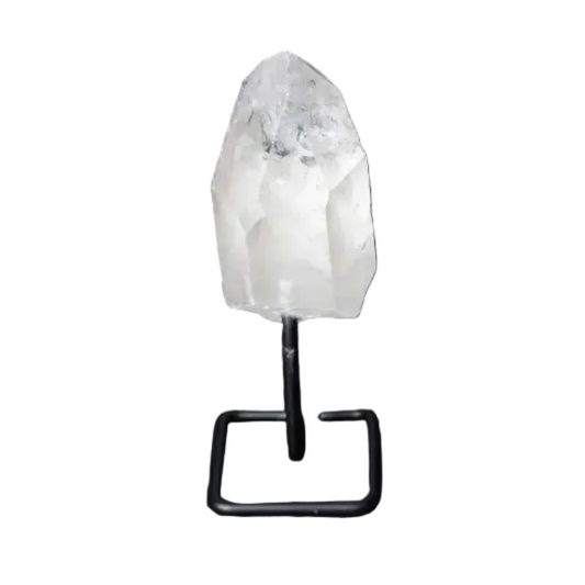 Alt Tag: Clear Quartz Point on modern stand for meditation, energy amplification, and focus; ideal for home decor and healing practices.
