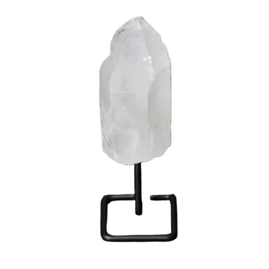 Natural Clear Quartz Point on Stand for energy amplification and clarity, perfect for meditation and home decor elegance.