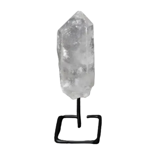 Natural Clear Quartz Point on stand, known as Master Healer, for amplifying energy and intention, ideal for meditation and clarity.