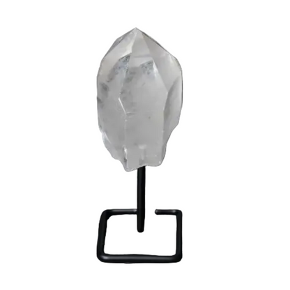 Clear Quartz Point with Stand for Energy Amplification and Clarity on Dark Background