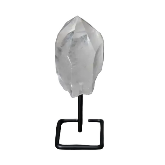 Clear Quartz Point with Stand for Energy Amplification and Clarity on Dark Background