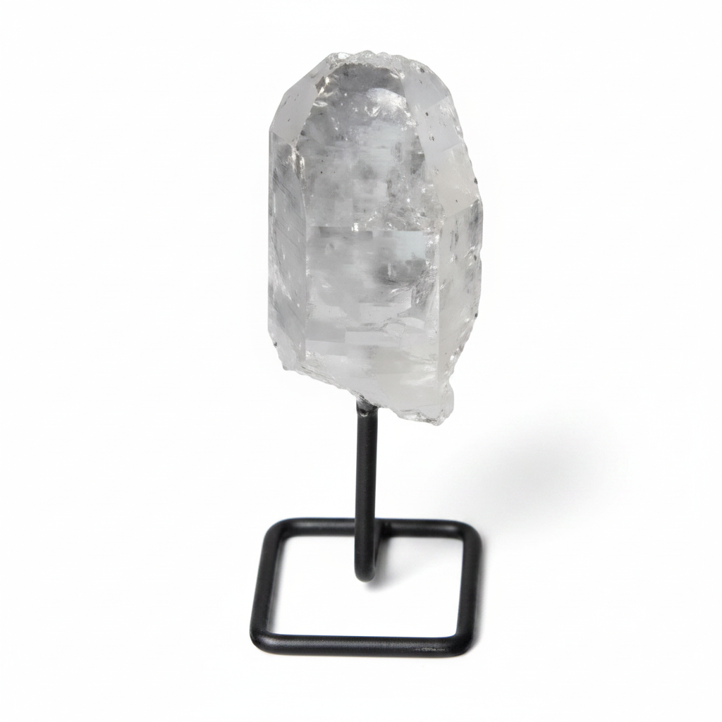 Natural clear quartz point on a stand, perfect for meditation and energy alignment, enhancing clarity and focus in any space.