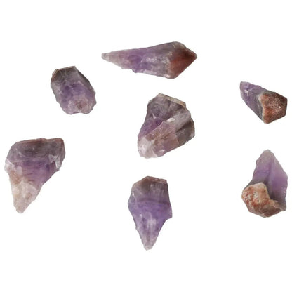 Collection of Natural Point Amethyst M crystals, handpicked for stress relief and energy flow enhancement, from Sylvia Crystals.