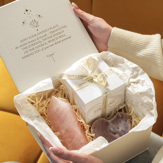 Now and Forever Gift Box featuring Pink Amethyst Heart, Sylwia Romaniuk HOME Candle, and Rose Quartz Obelisk, symbolizing love and serenity.