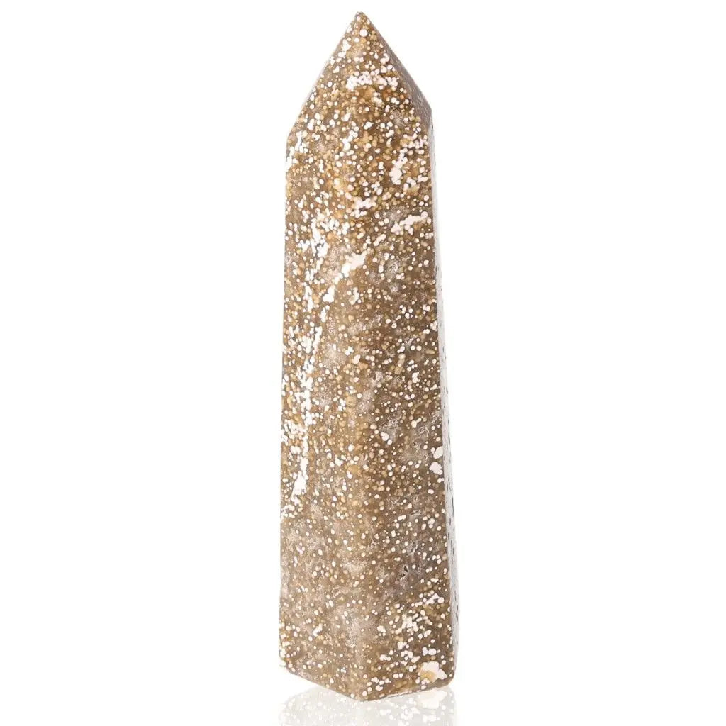 Ocean Jasper Tower crystal displaying earthy tones, known for its calming vibrations and inspiring joyful energy.