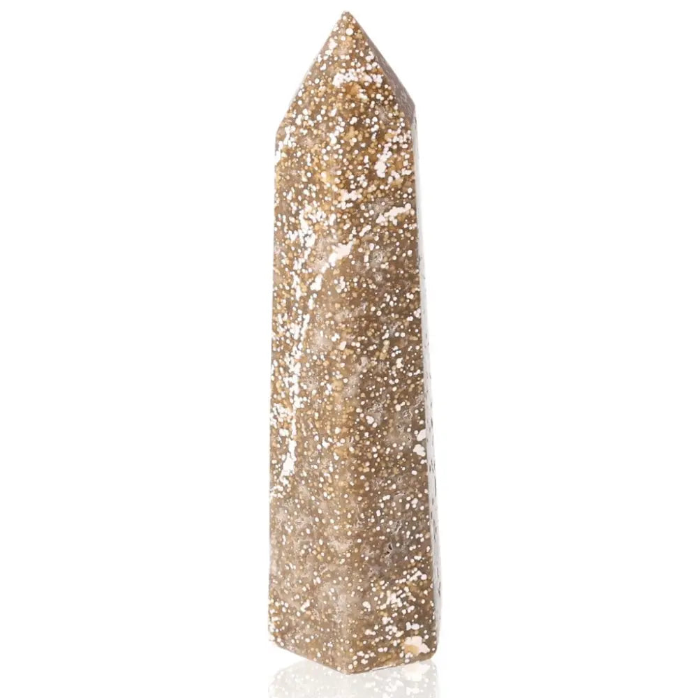 Ocean Jasper Tower crystal for joy and positivity, featuring calming vibrations and emotional balance. Stone of Happiness.
