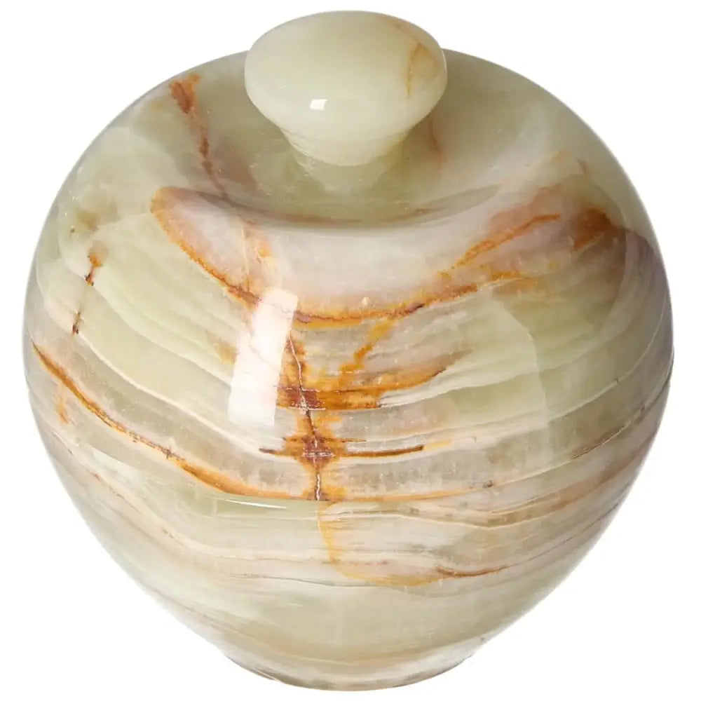 Onyx 10cm bowl with lid displaying elegant veining, highlighting its polished surface and unique natural variations in a sophisticated design.