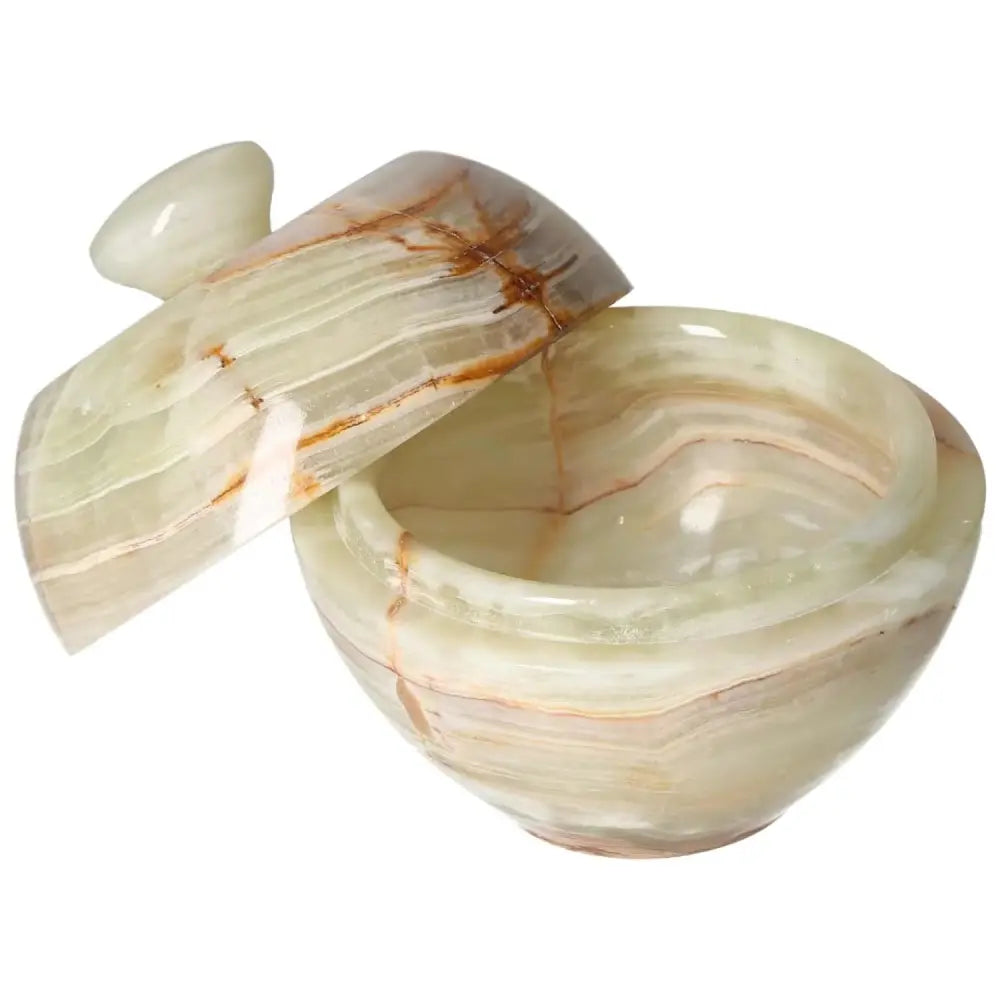 Elegant Onyx 10cm Bowl with Lid, showcasing smooth polished surface and unique veining, perfect for sophisticated décor enhancement.
