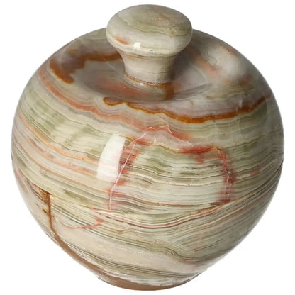 Elegant 10cm onyx bowl with lid showcasing natural veining and polished finish, perfect for adding a sophisticated touch to home décor.
