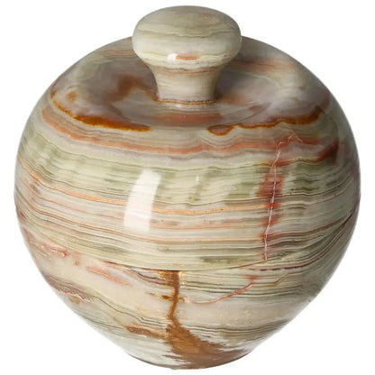 Onyx 10cm bowl with lid showcasing natural veining, smooth finish, and organic color variations, adding elegance to home decor.