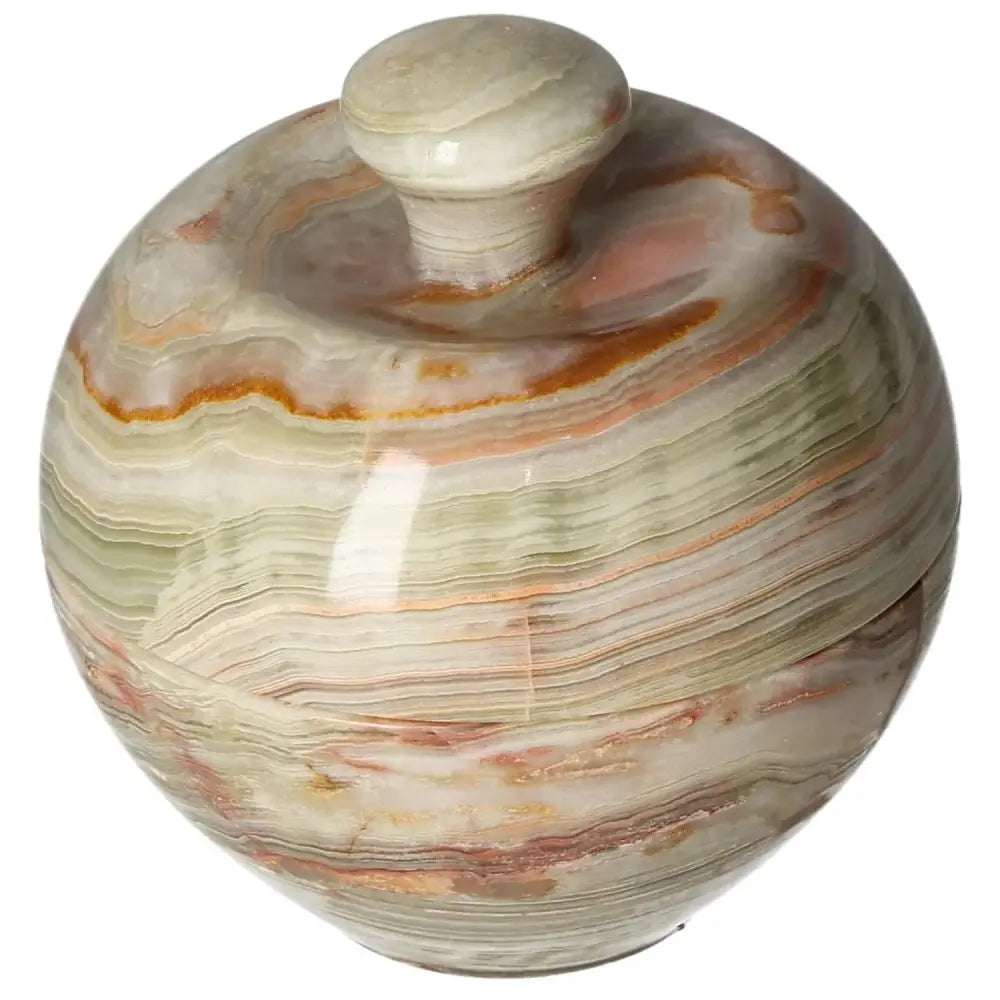 Onyx 10cm bowl with lid featuring elegant veining and smooth polished surface, perfect for sophisticated home décor.
