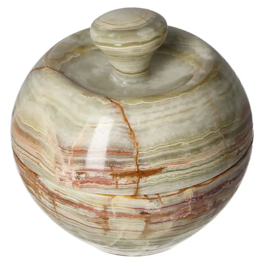 Elegant 10cm onyx bowl with lid showcasing natural veining and polished finish, ideal for adding sophistication to any décor.
