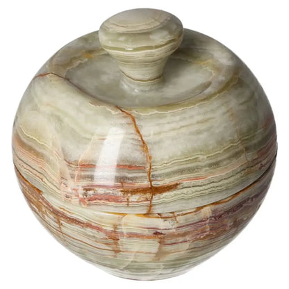 Elegant 10cm onyx bowl with lid showcasing natural veining and polished finish, ideal for adding sophistication to any décor.