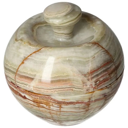 Elegant 10cm onyx bowl with lid, showcasing smooth, polished surface and unique veining for sophisticated décor enhancement.