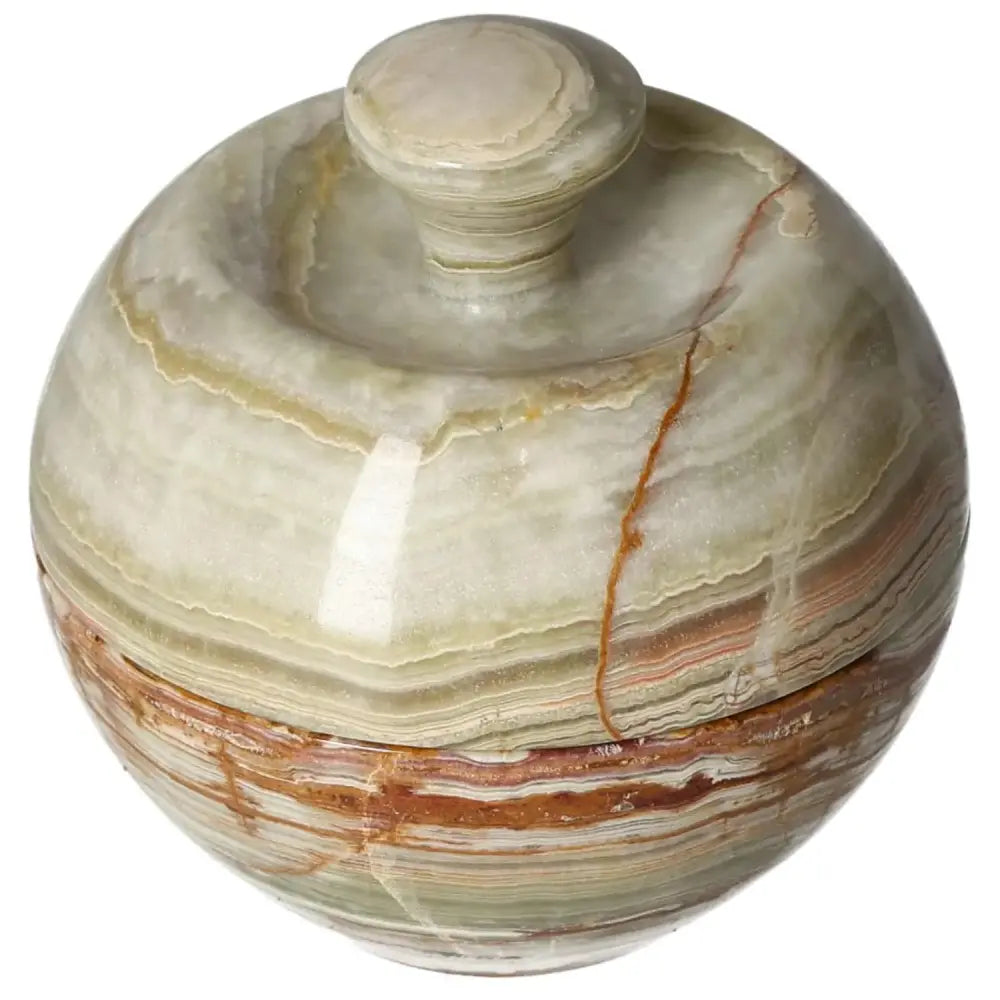 Elegant 10cm onyx bowl with lid, showcasing natural veining and a polished surface, adding sophistication to home decor.