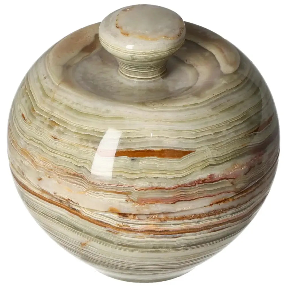 Onyx bowl with lid showcasing elegant veining and polished surface, reflecting light beautifully, perfect for enhancing home decor.
