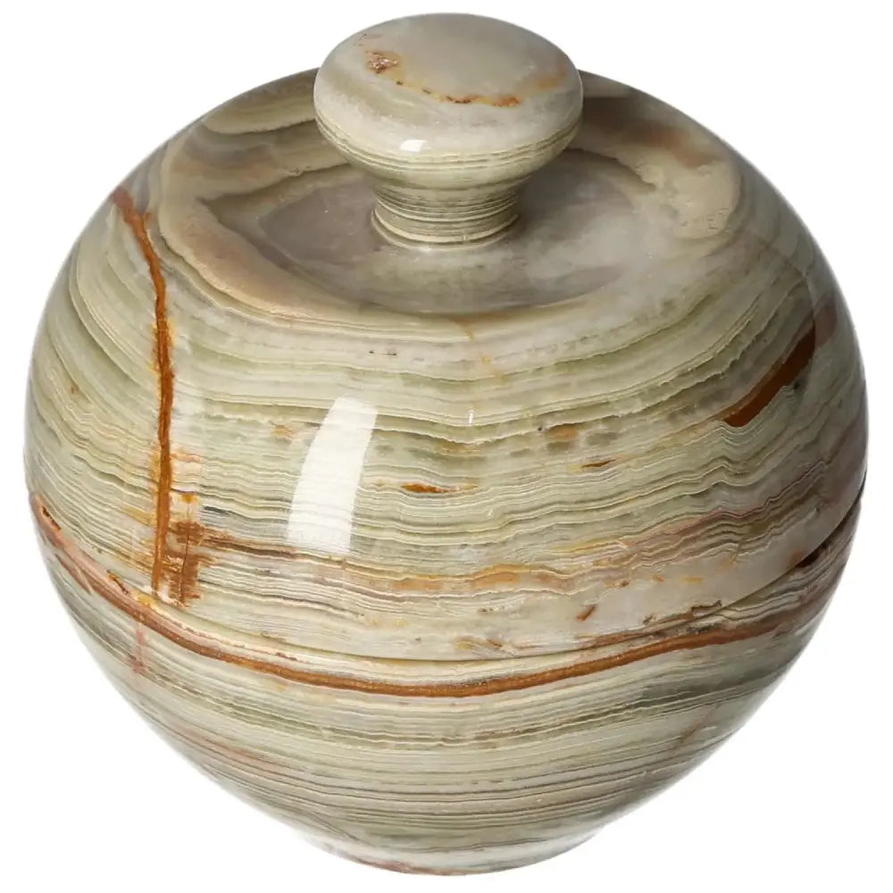 Onyx bowl with lid, showcasing natural veining and polished finish, ideal for enhancing décor with its elegant and unique style.