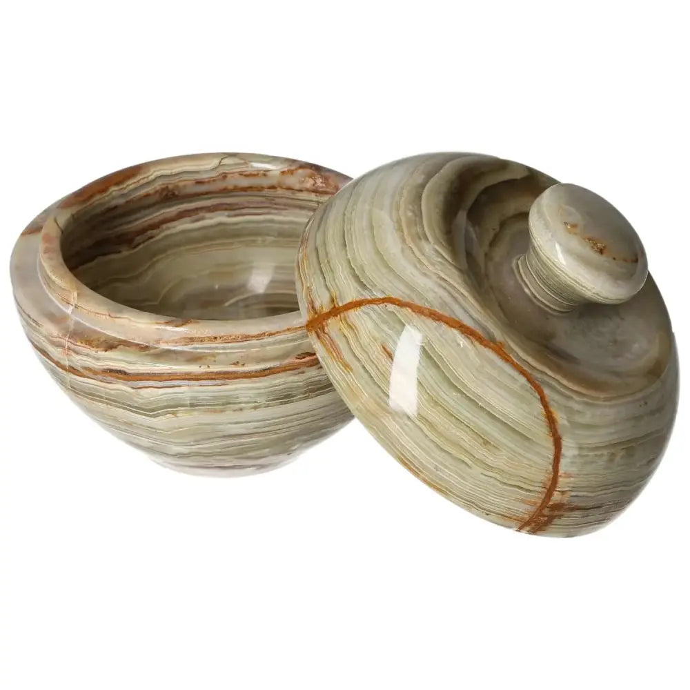 Onyx 10cm decorative bowl with lid showcasing natural veining and polished finish, perfect for enhancing home décor with elegance.