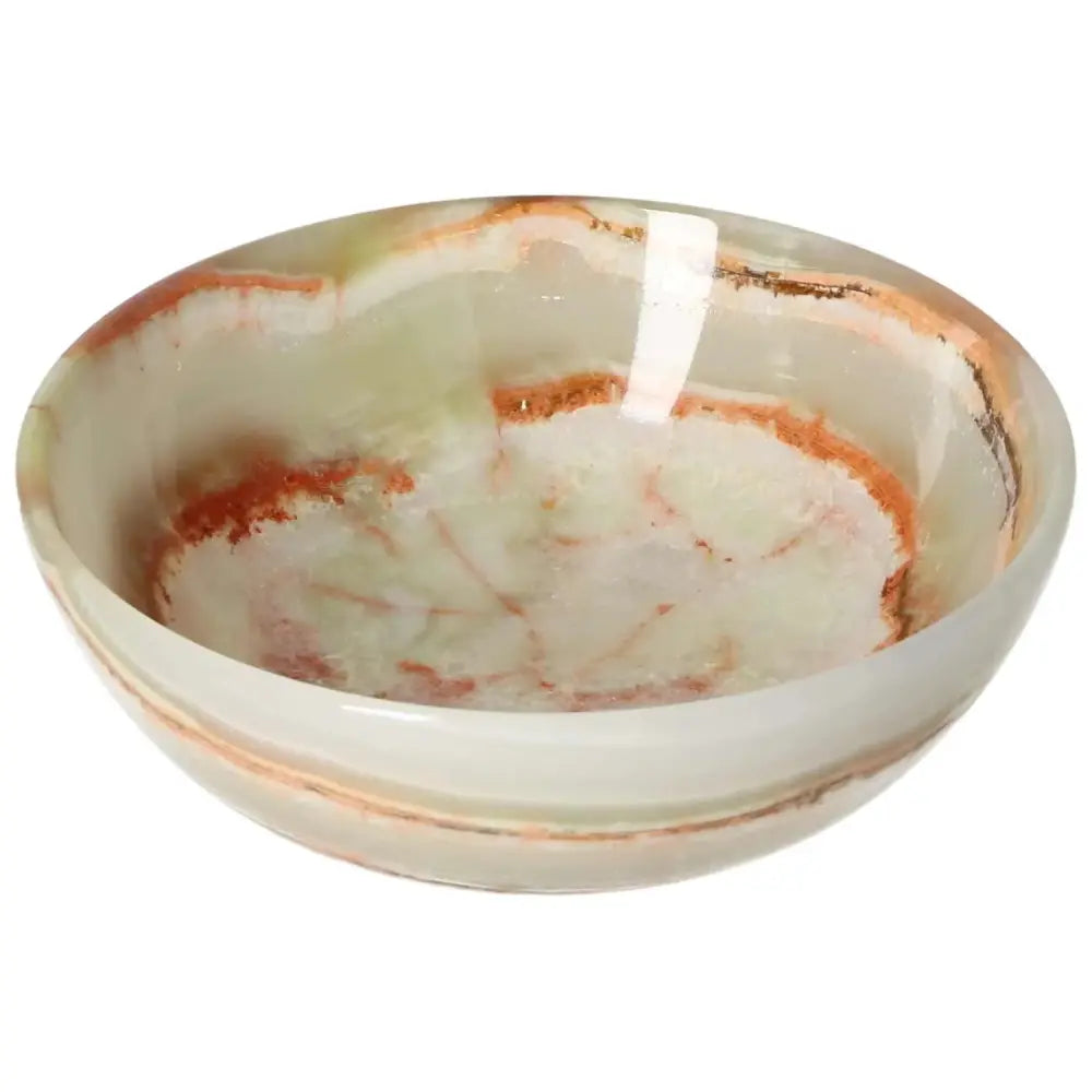Elegant 12.5 cm onyx bowl with polished surface, showcasing unique veining and warm tones, perfect for adding sophistication to any décor.