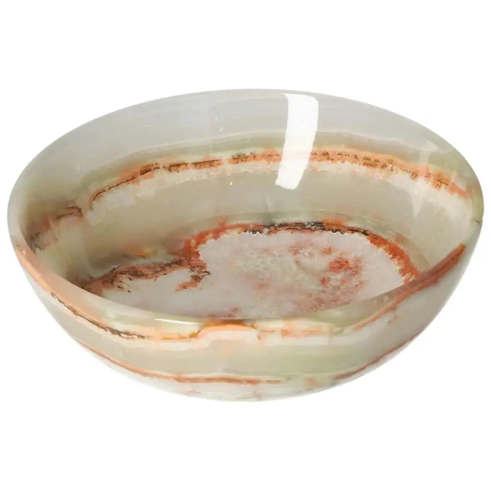 Onyx bowl 12.5 cm with polished surface and unique veining, adds elegance to décor with natural variations and translucency.