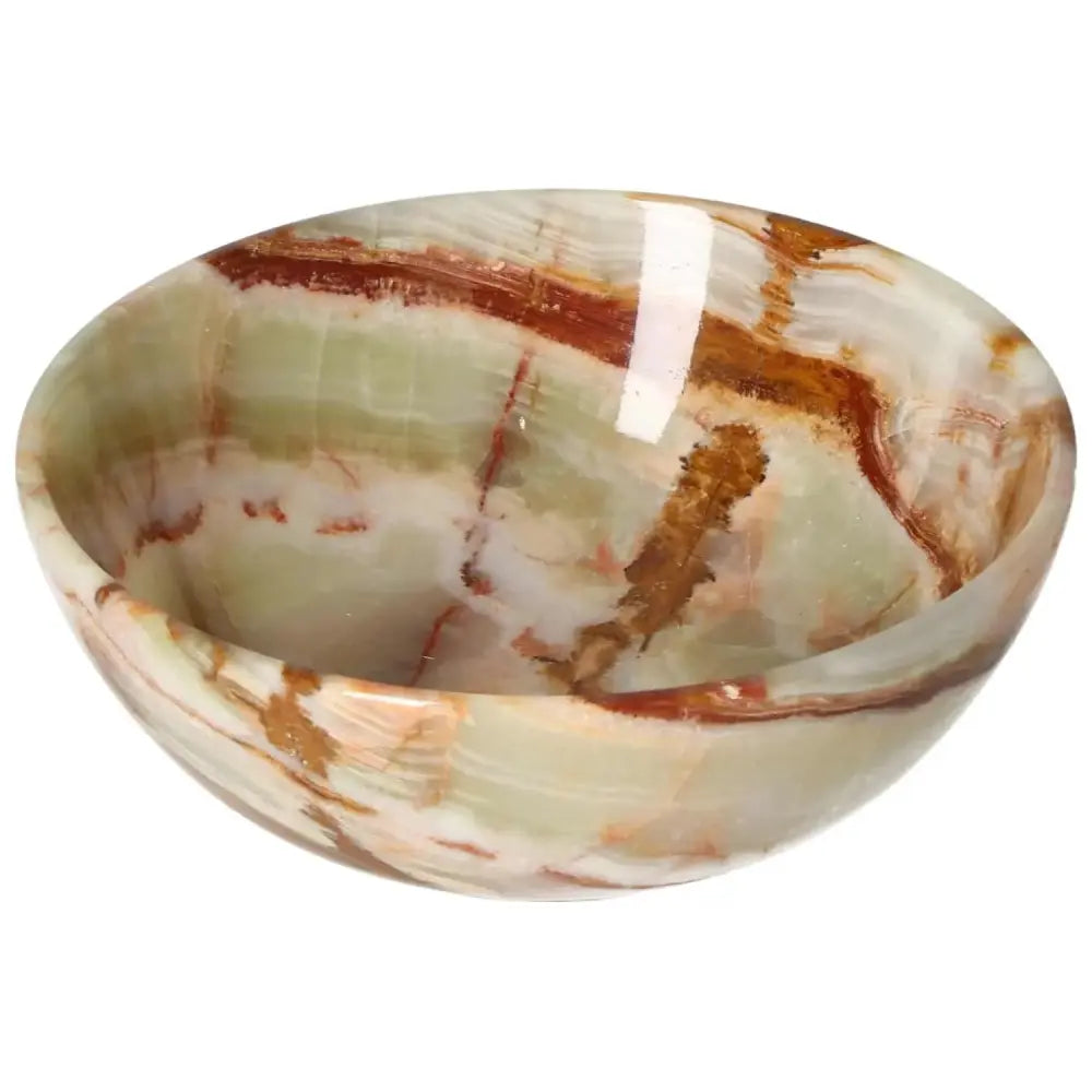 Polished onyx bowl with natural veining, 12.5 cm in diameter, showcasing elegant craftsmanship and unique color variations.