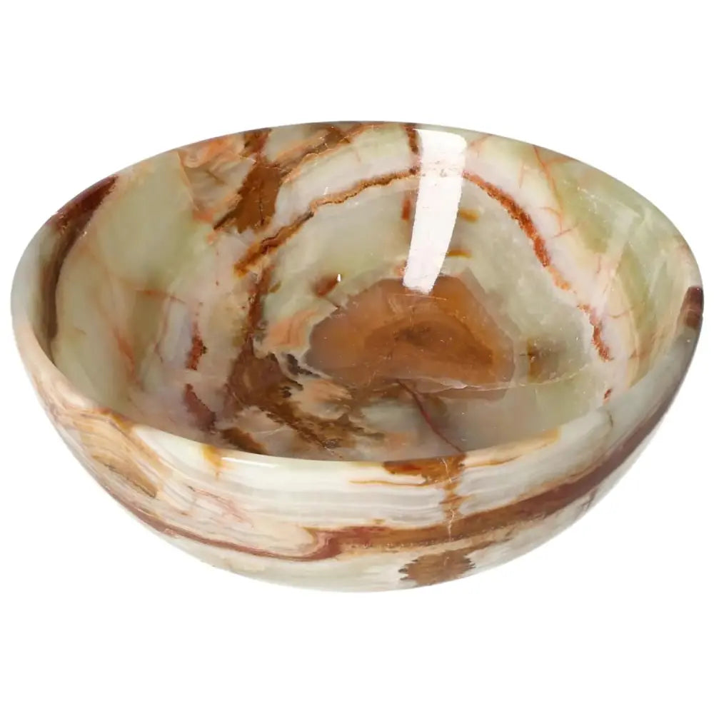 Onyx bowl with delicate veining and organic color variations, 12.5 cm, showcasing elegant craftsmanship and smooth, polished surface.