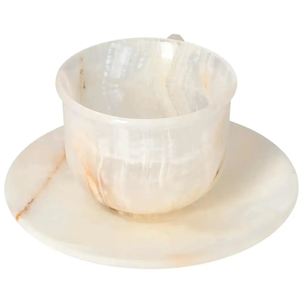 Exquisite onyx coffee cup and plate set made from premium off-white onyx, highlighting unique patterns and a polished, elegant finish.