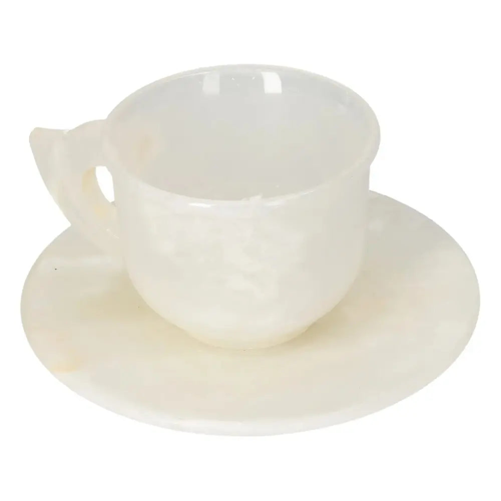 Premium off-white onyx coffee cup and plate set, featuring unique variations in tone, polished surface, and natural elegance.
