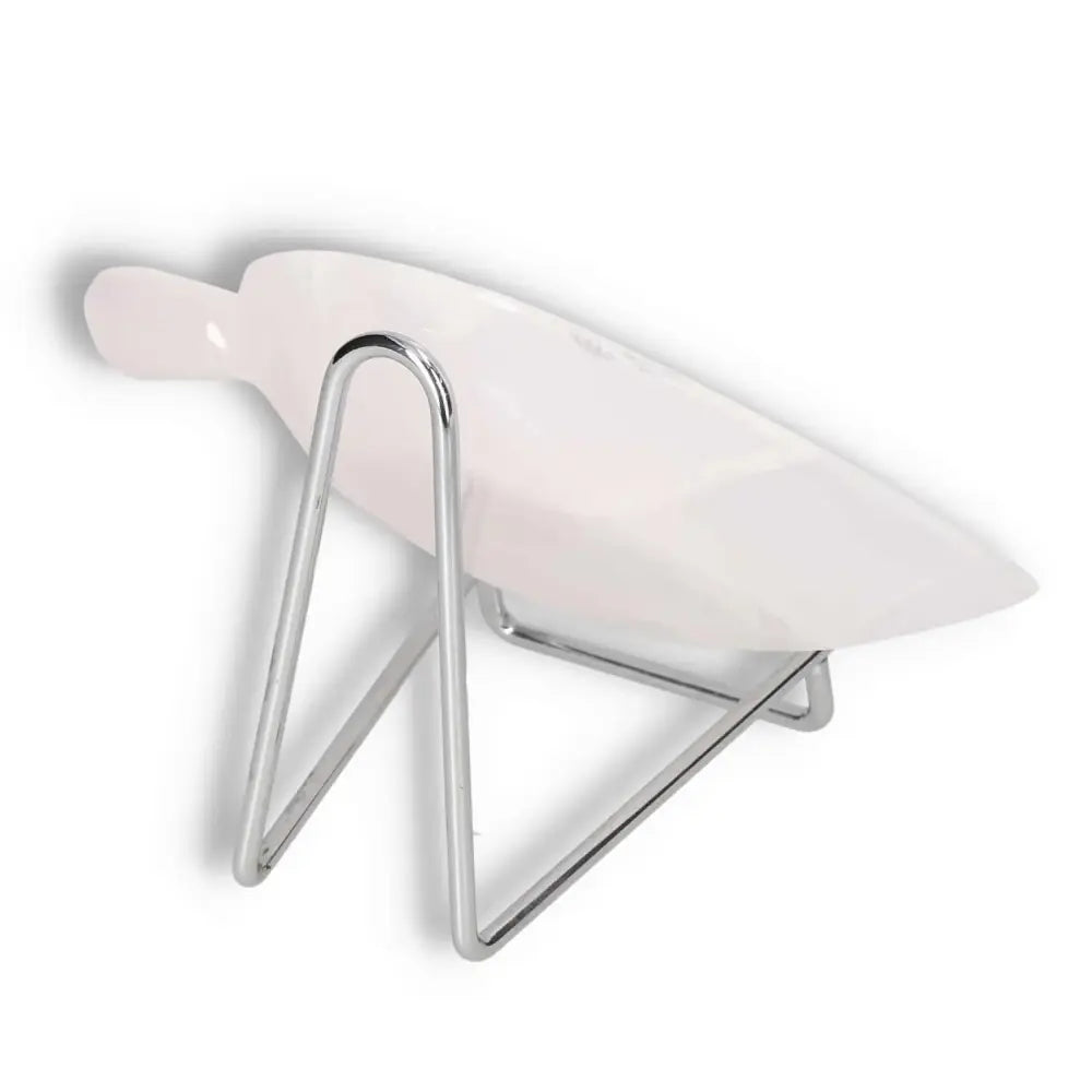 White designer scoop with a sleek metal stand for modern kitchen use.