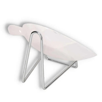 White designer scoop with a sleek metal stand for modern kitchen use.