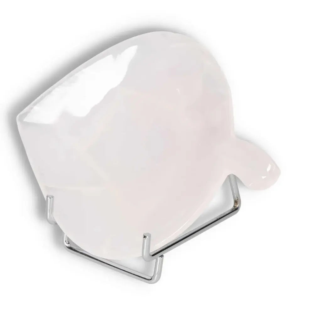 Onyx Rose Calcite Plate on stand, promotes strength, determination, and self-discipline; release burdens and guilt from the past.