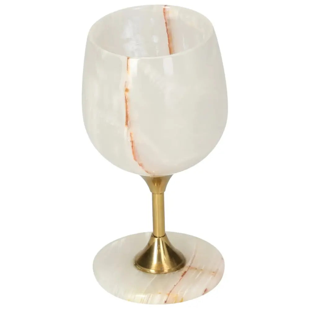 Premium off-white onyx wine glass with unique color variations and veining, featuring a polished finish for elegant sophistication.
