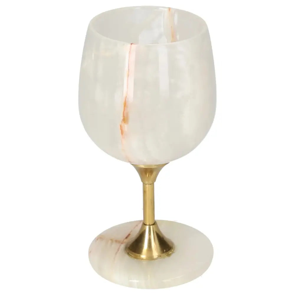 Elegant onyx wine glass with off-white tones and unique veining, featuring a polished surface and golden stem, perfect for sophisticated gatherings.