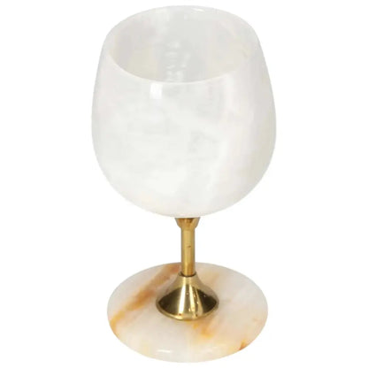 Elegant off-white onyx wine glass with natural veining, polished finish, and gold stem, perfect for sophisticated occasions.