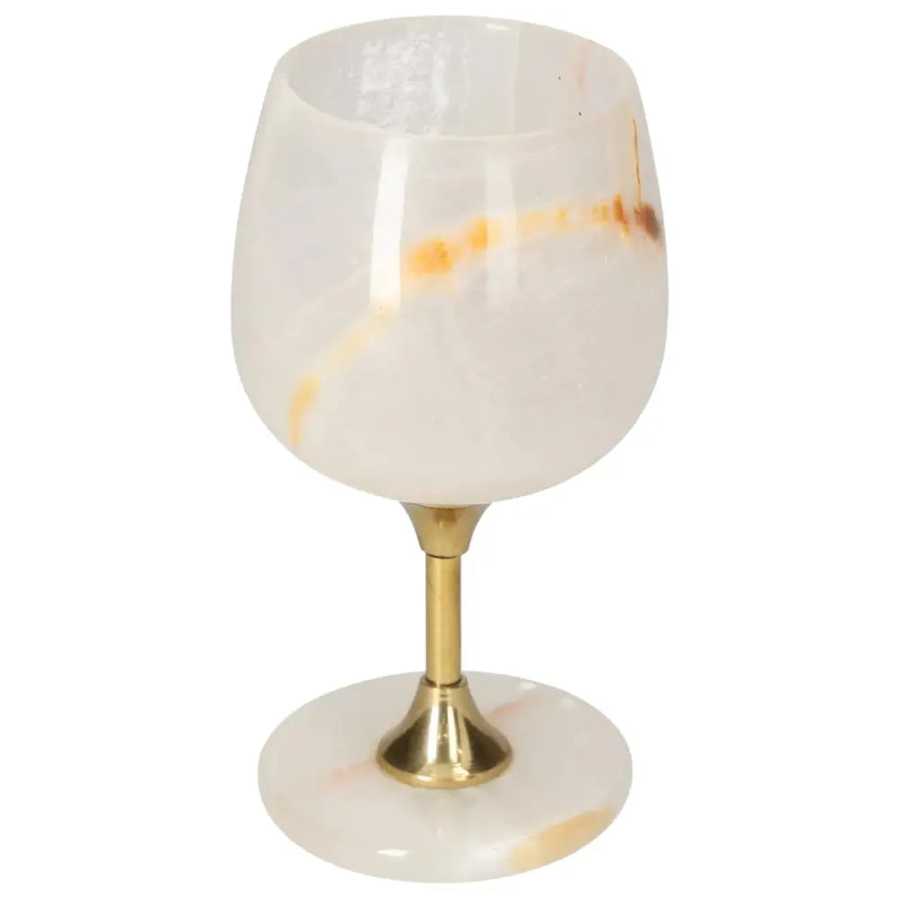 Elegant onyx wine glass with natural veining, crafted from premium off-white onyx and featuring a polished surface with gold accents.