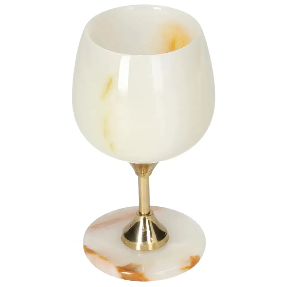 Onyx wine glass with distinct veining and off-white hues, featuring a polished surface and elegant design on a metallic stem.
