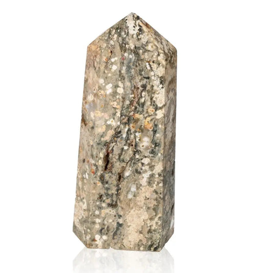 Premium Orbicular Jasper tower from Sylvia Crystals, showcasing exquisite patterns and potent spiritual energy for peace and protection.
