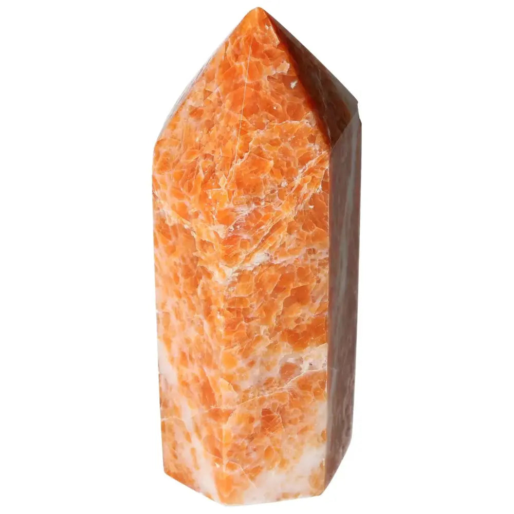 Orchid Calcite Obelisk with vibrant warm hues and unique patterns, by Sylvia Crystals. Perfect for energy, beauty, and spiritual significance.