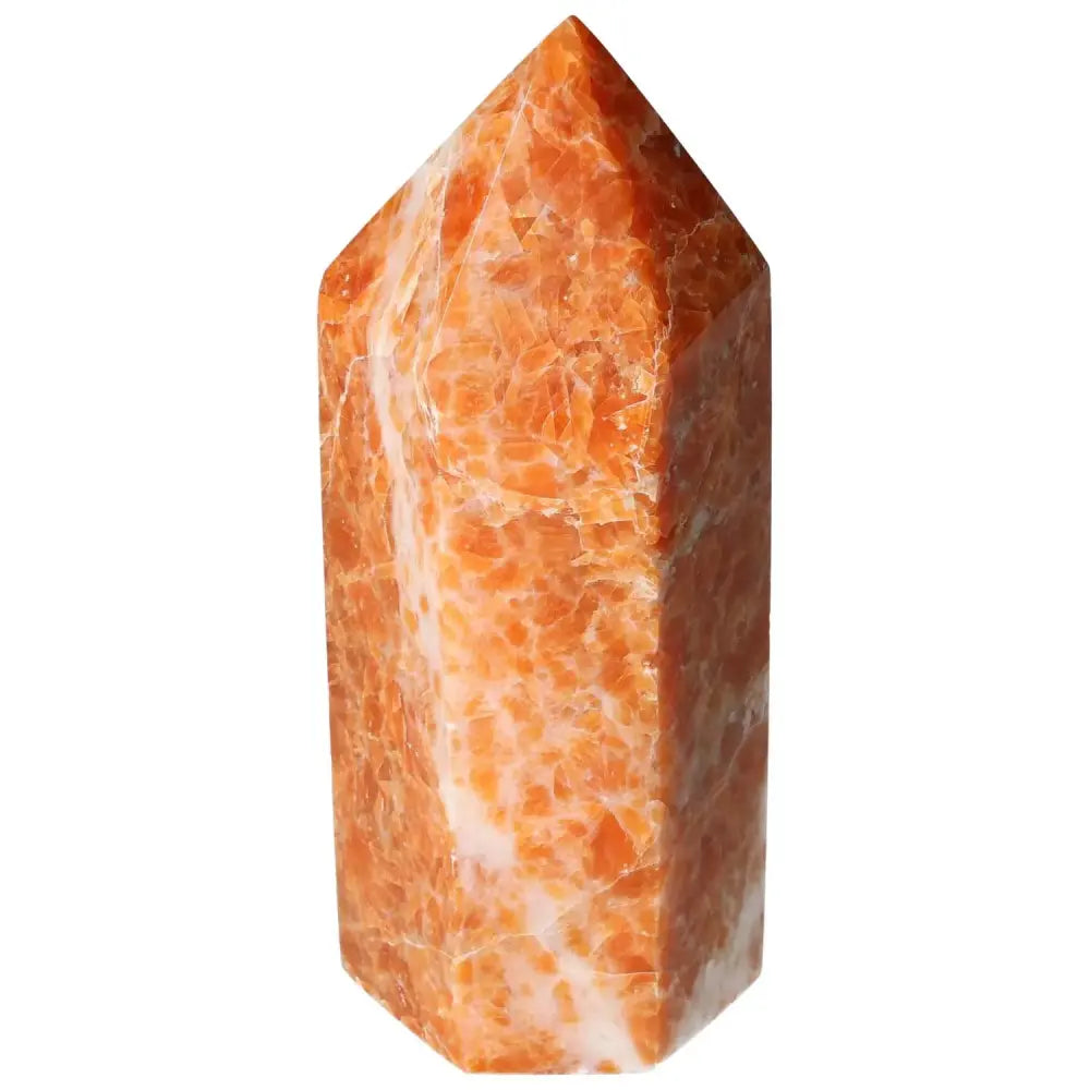 Orchid Calcite Obelisk with orange, peach, and cream patterns, handpicked by Sylvia Crystals for elegance and spiritual significance.