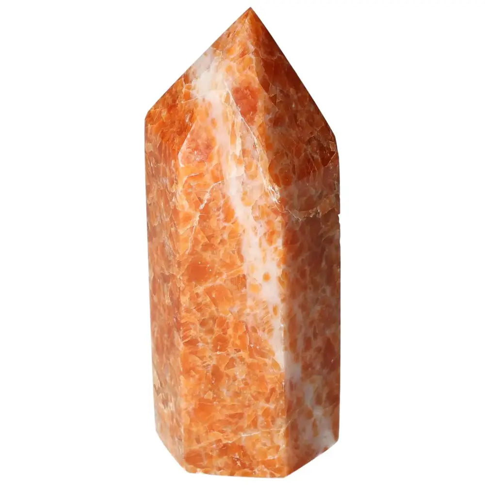 Orchid Calcite Obelisk with orange, peach, and cream patterns, handpicked by Sylvia Crystals for its elegance and vibrant energy.