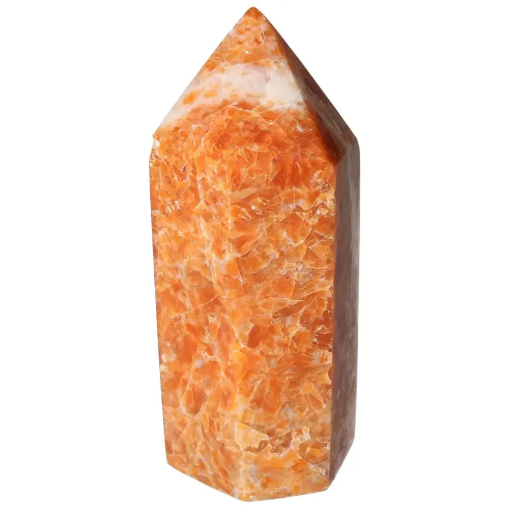 Orchid Calcite Obelisk with vibrant orange, peach, and cream hues, polished surface reflecting warm, unique patterns for spiritual energy.